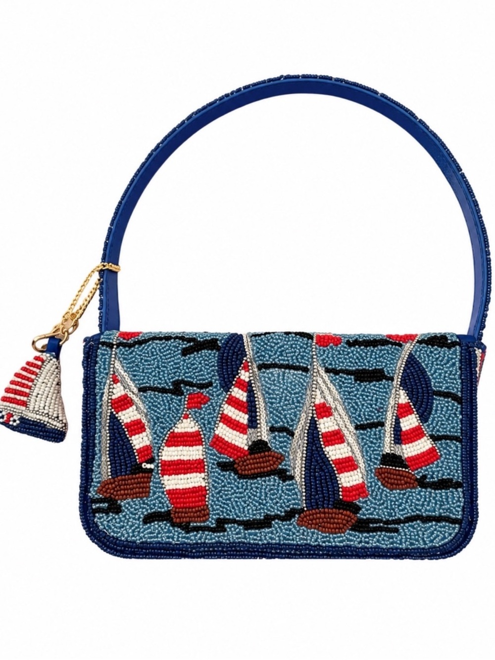 Viral Sailboat Nautical Striped Beaded Bag NWT